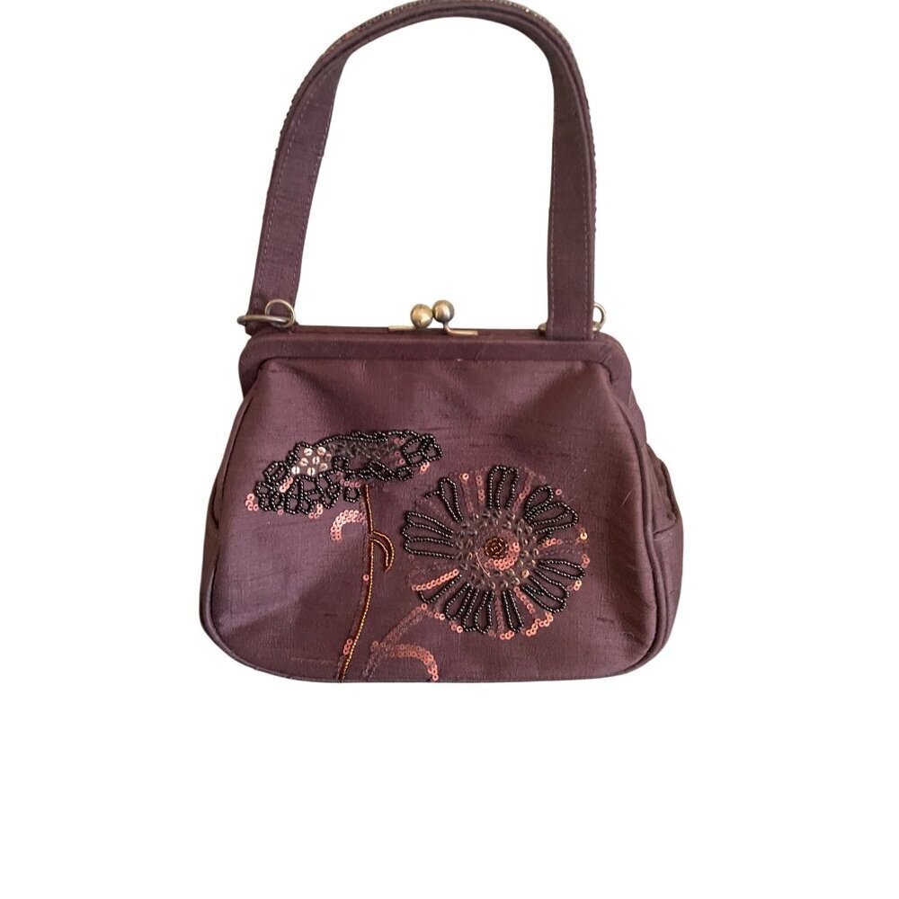 Talbots Brown Silk Bag W/ Beaded Floral Design & Kiss-Lock Closure Purse